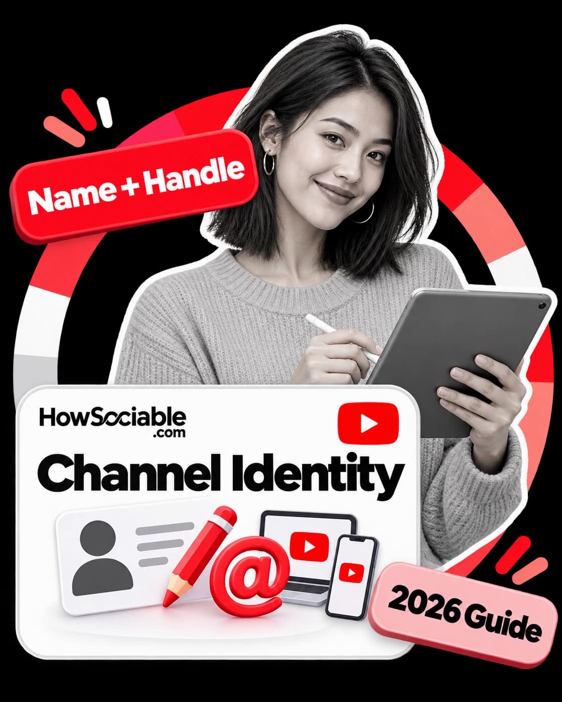 Illustration: a smiling person writing on a tablet, beside a card titled “Channel Identity” with a YouTube logo, a profile card, a pencil and an @ sign