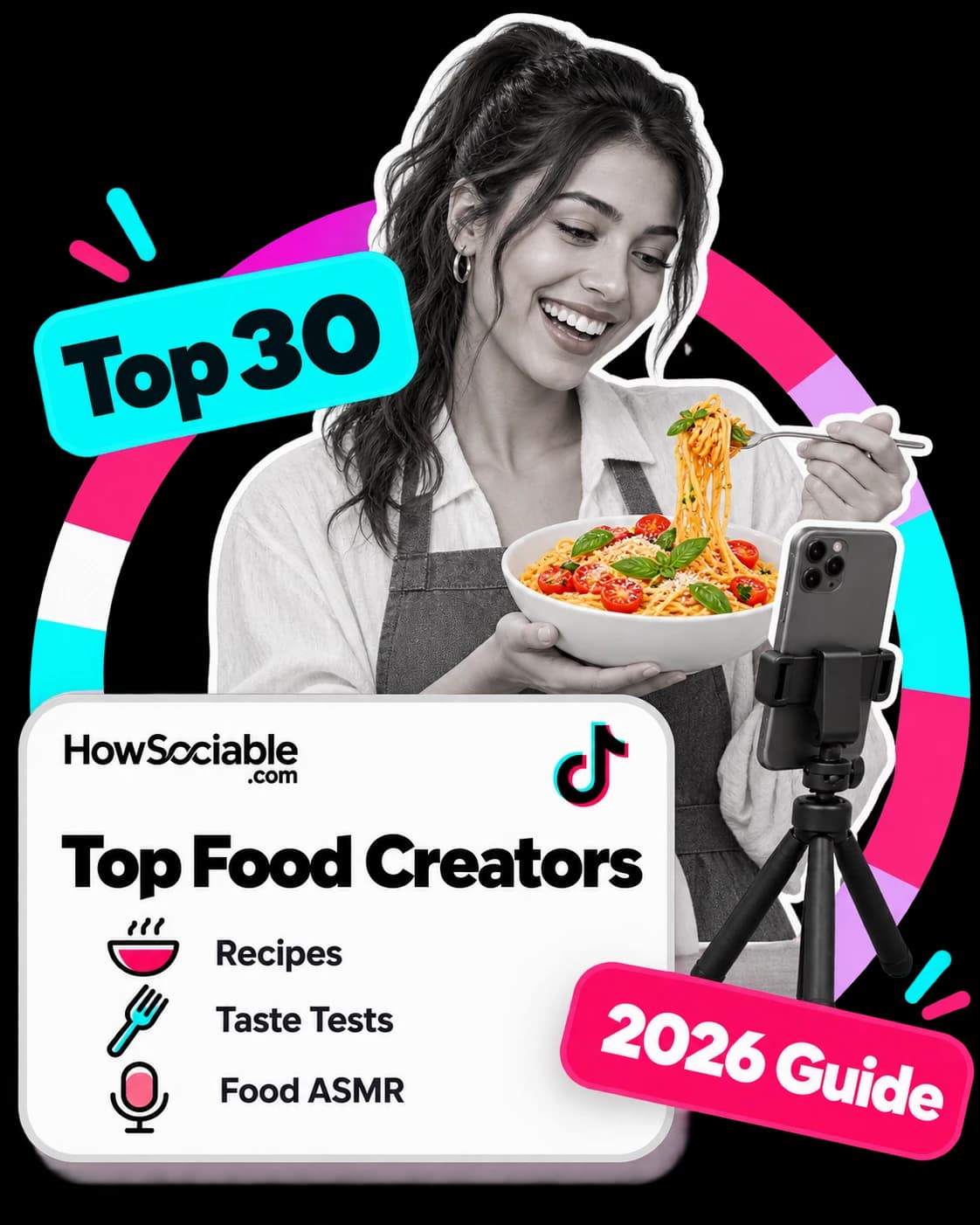 Illustration: a smiling creator in an apron lifting a forkful of pasta in front of a phone on a tripod, beside a card titled “Top Food Creators” listing Recipes, Taste Tests and Food ASMR
