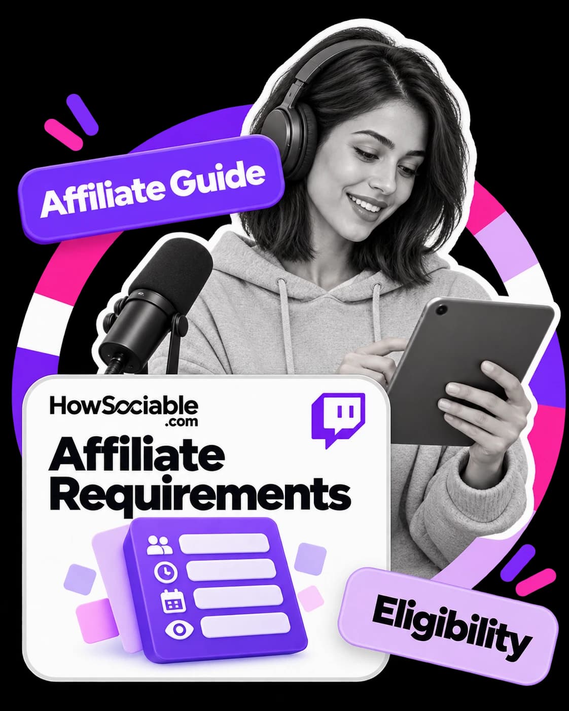 Illustration: a smiling streamer in headphones holding a tablet next to a microphone, beside a card titled “Affiliate Requirements” with a Twitch logo and a four-row checklist with people, clock, calendar and eye icons