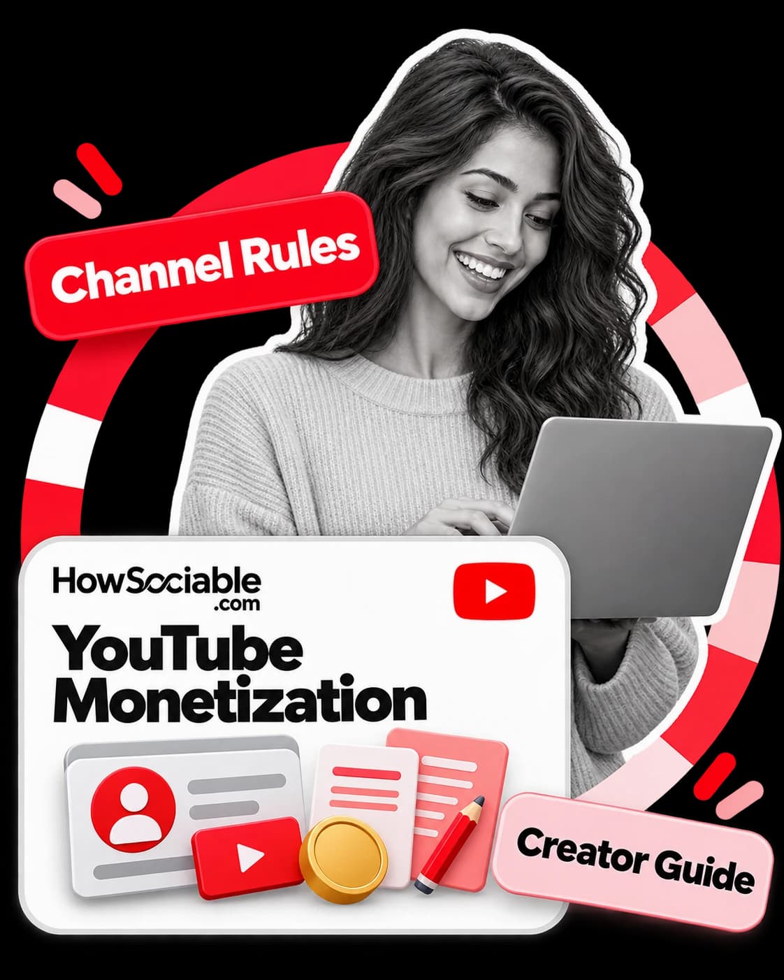 Illustration: a smiling person typing on a laptop, beside a card titled “YouTube Monetization” with a YouTube logo, a channel profile card, a play button, a gold coin and documents
