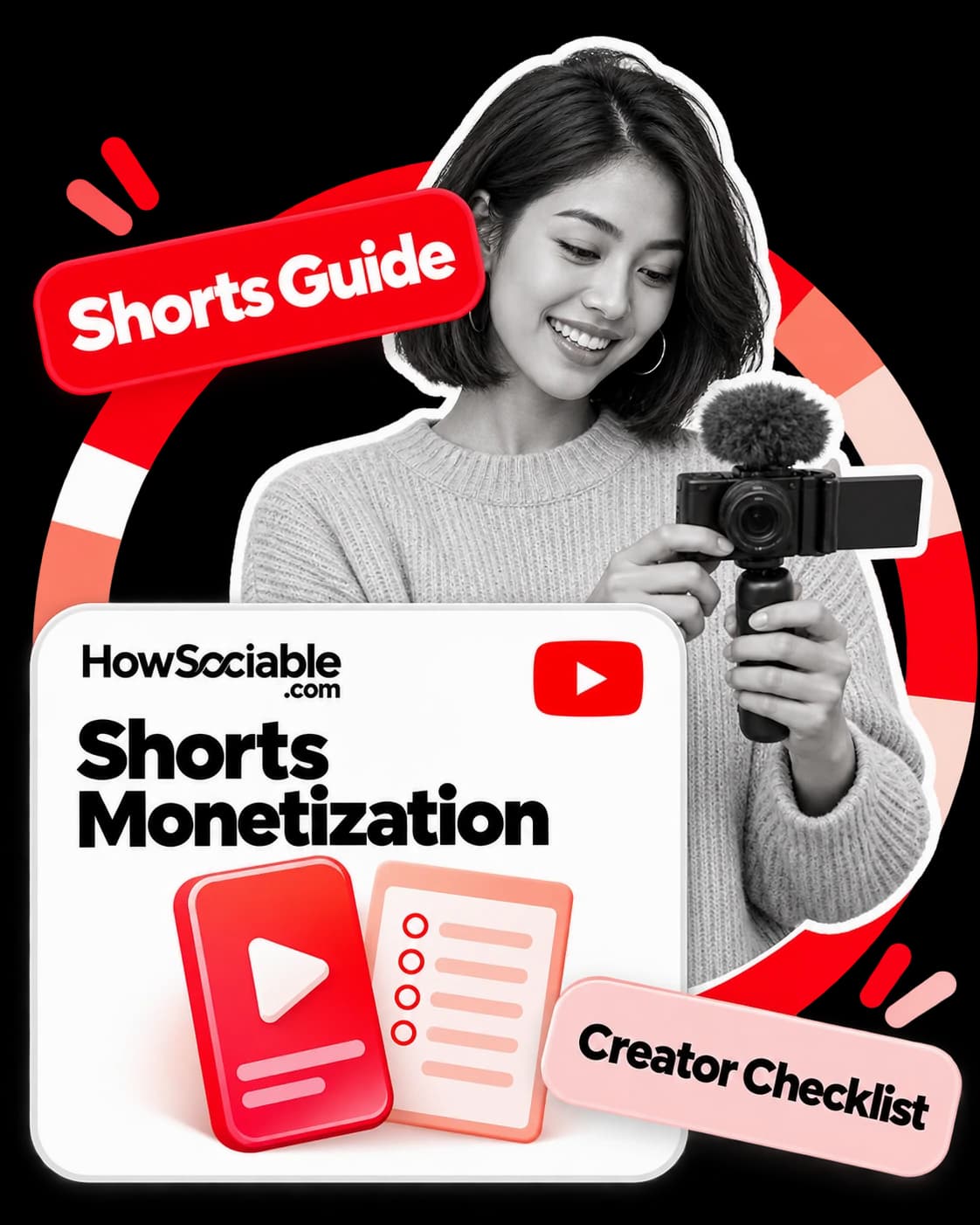 Illustration: a smiling creator filming with a handheld camera, beside a card titled “Shorts Monetization” with a YouTube logo, a phone playing a vertical video and a checklist